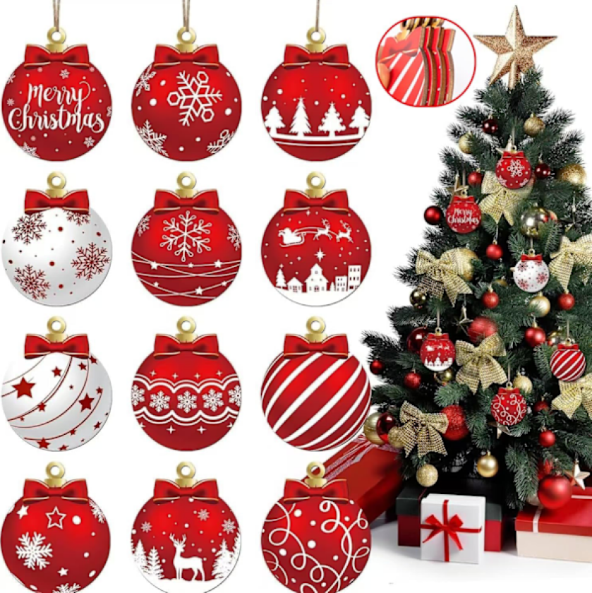 8×8×0.2cm 24 stk Røde og Hvite Julekules Design Hengende Trepyntsett - Festlige Høytidsdekorasjoner med