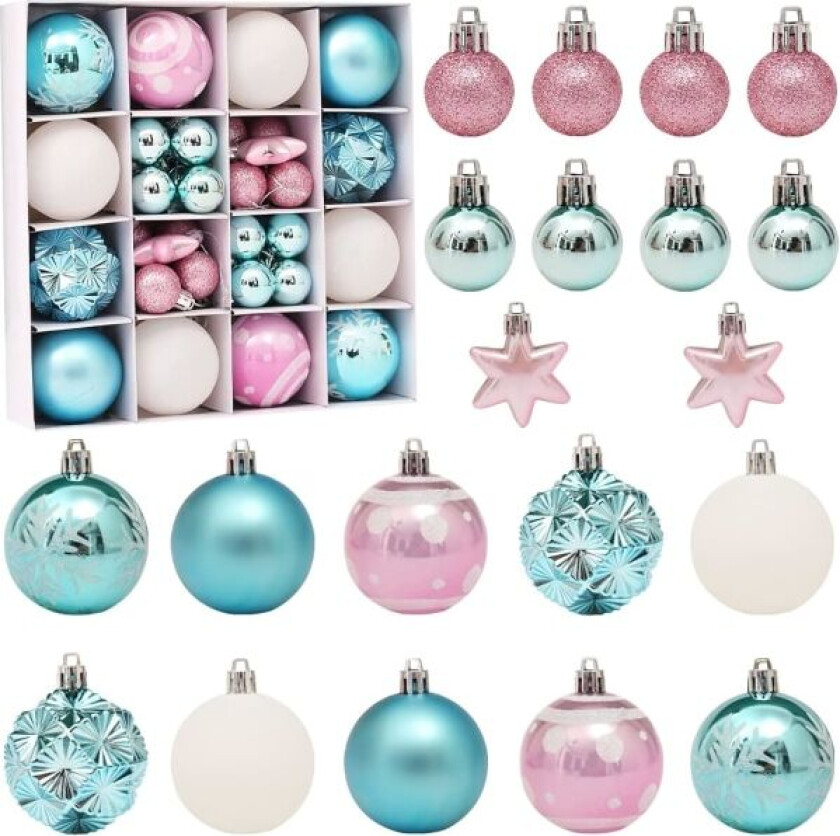 42 stk. knusebestandige julekuler til juletre, bryllupsfest, festival (rosa/blå/hvit)