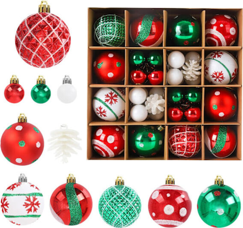 42 Stykker Julekulepynt, Hengende Julekulepynt, Dekorsett, Delikat Maling med Jultema og Dekorative Skinnende Vedheng