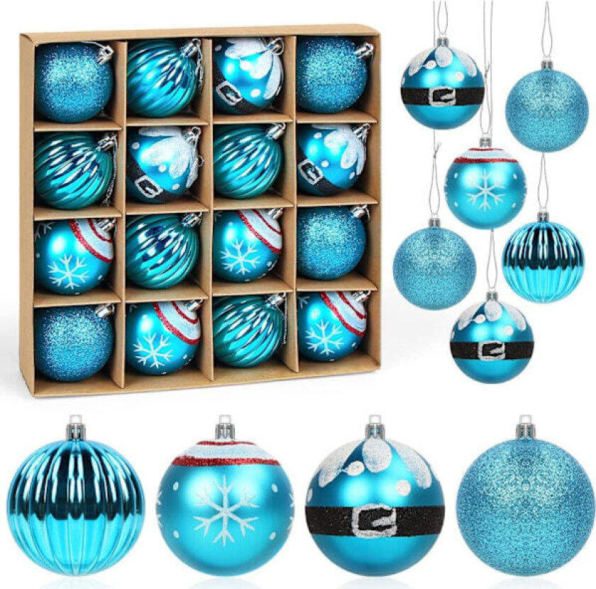 Blå julekuler, 16 stk julekuler 6 cm, julepynt, malt blå plast julekule med snor