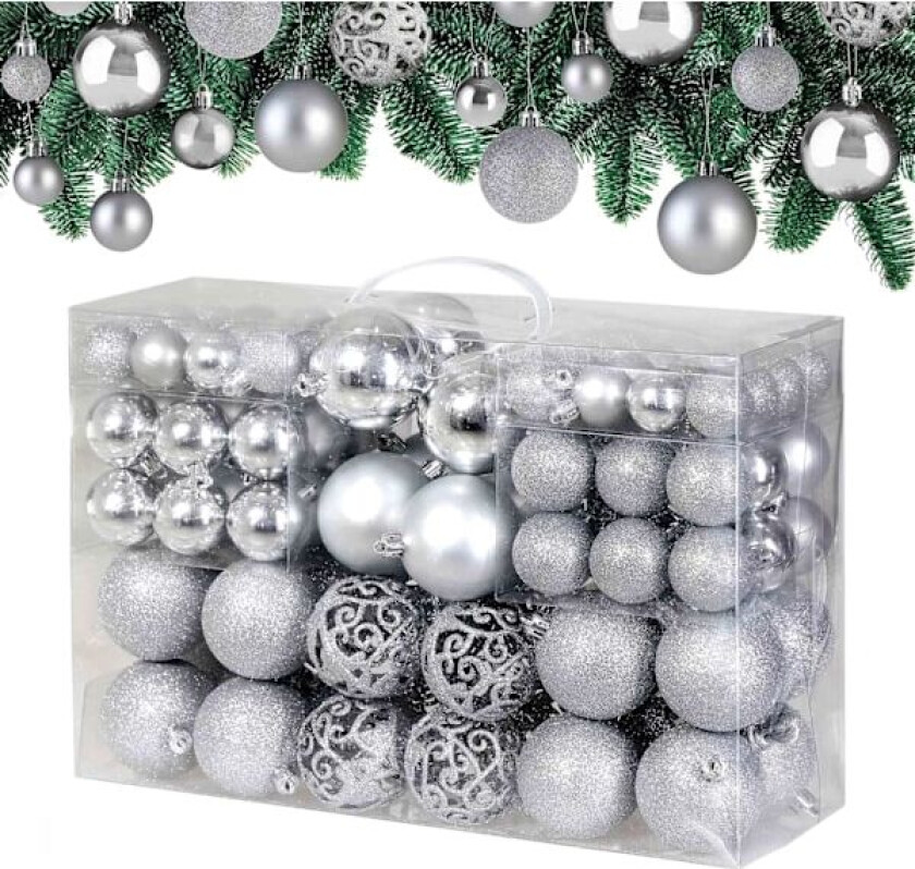 100 stk Julekule-sett | Julepyntkuler med kroker | 32x Ø30mm 36x Ø40mm 32x Ø60mm | Sølv Silver