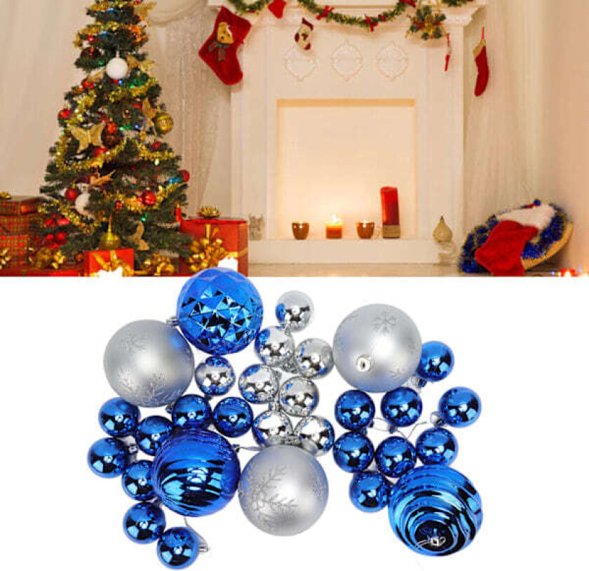 Julekulepynt i ubruddbar plast, elektroplettet, med oppheng for juletre, 30 stk, blå