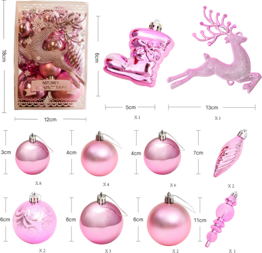 30 stk Julekuler Dekorasjon, Juletre Kule Sett (Rosa), Tre Dekorative Kuler, Juletre Kule Q