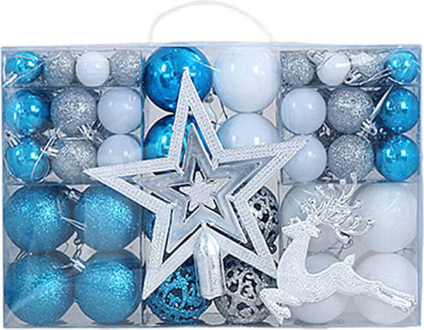 Set med 102 julekuler, juletrepynt, med håndtak, dekorasjonssett Blau
