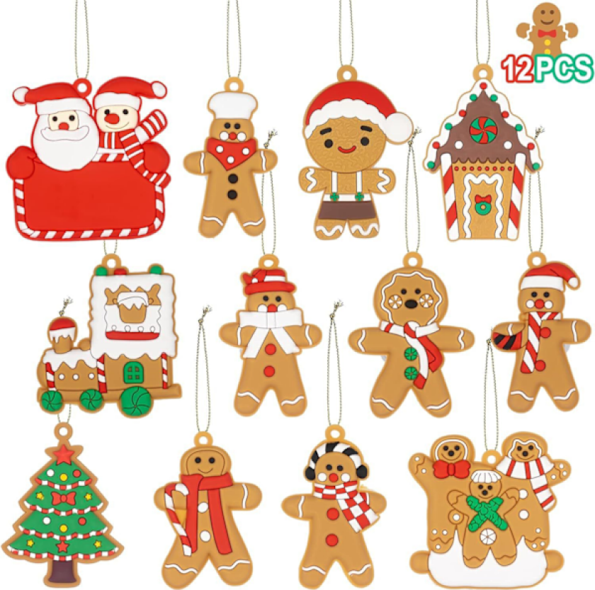 12 stk Pepperkake-menn Pynt til Juletreet, Assorterte Plast Pepperkakefigurer Pynt, Juletre Hengedekorasjoner