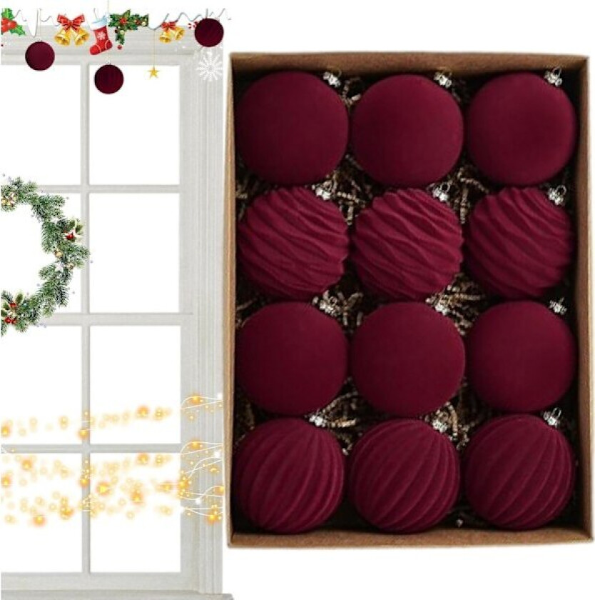 12 Flocked Julekuler, Fløyelsjulepynt, Julepyntsett red wine