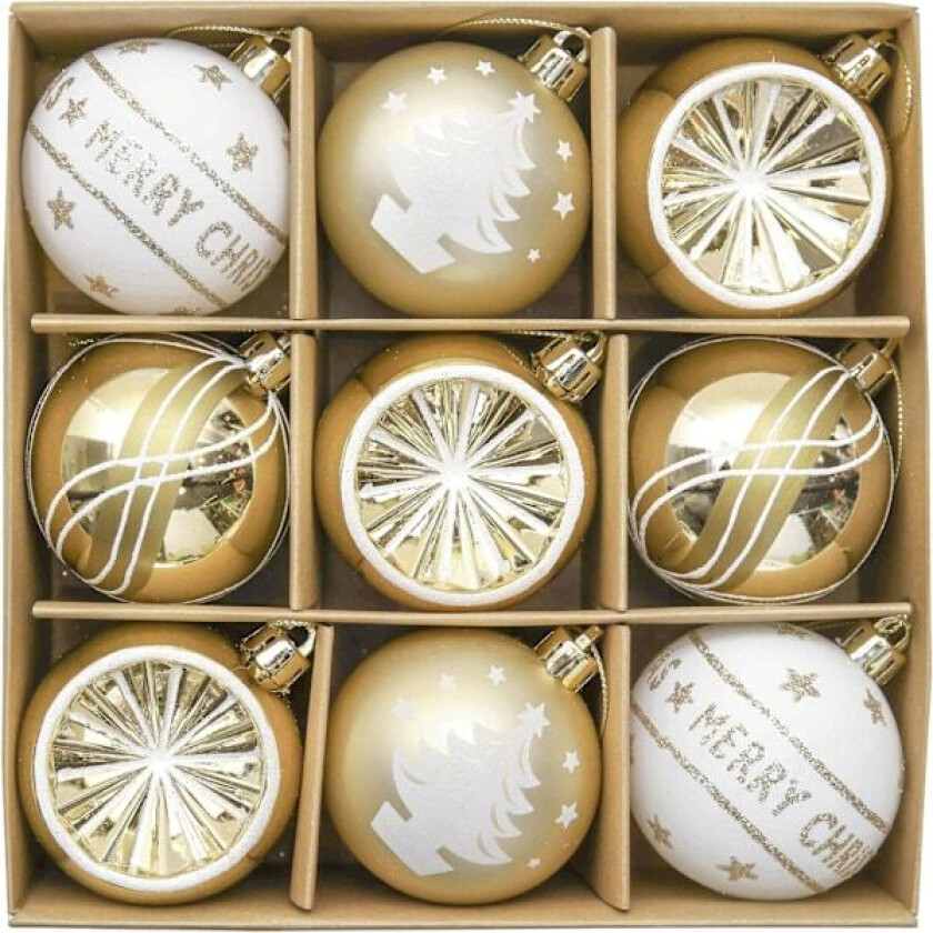 Gullhvite julekuler Julepynt 9 stykker 6 cm Knusefrie kuler Julebællpynt Julesett Platina White Gold