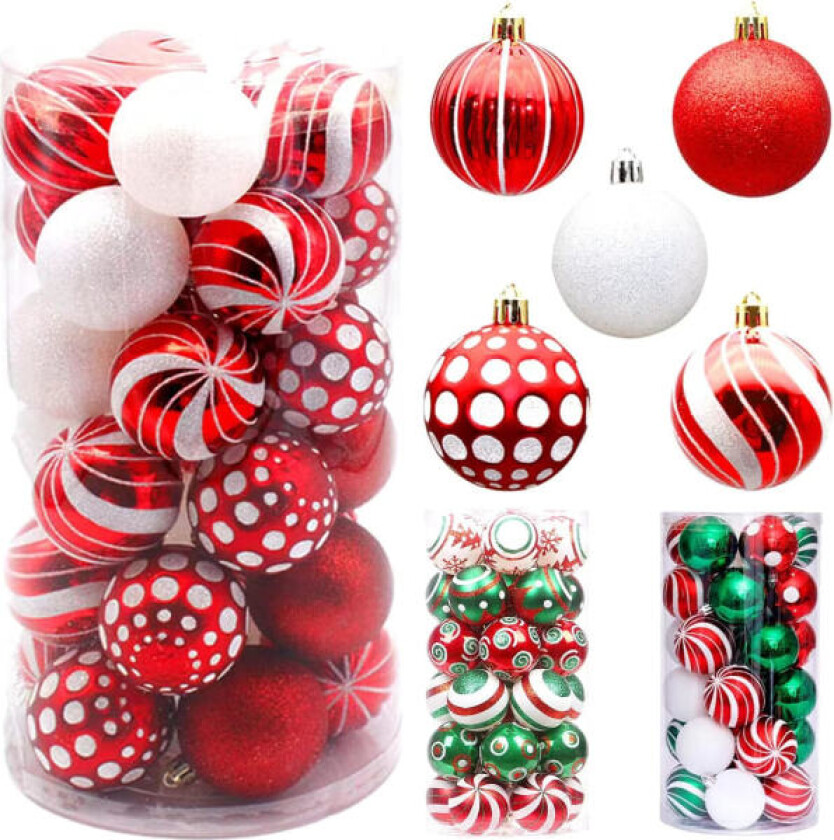 Julekuler Sett 30 stk 6CM Juletre Kuler Pynt til Juletre Rød & Hvit & Grønn Trepynt Gran Trepynt Kuler Jul