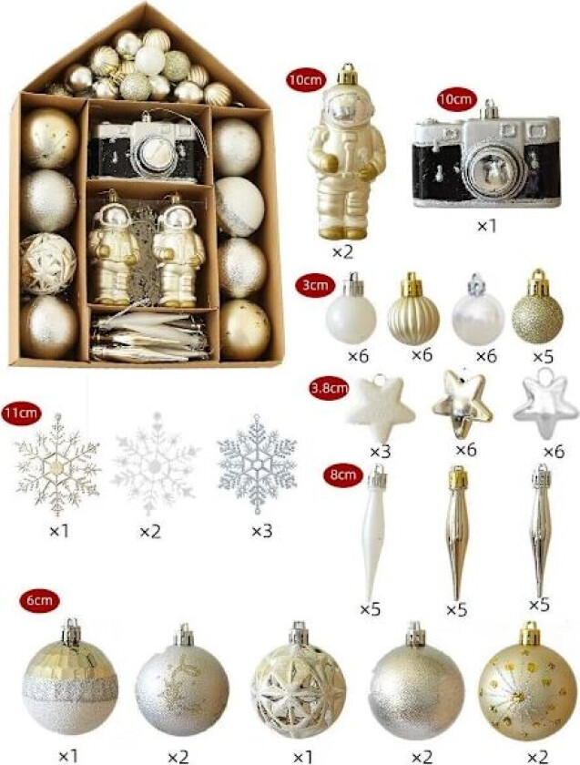 Julepynt til juletreet, 70 stk Julepyntsett Rød Grønn Gull Julekule - Astronaut Gaveeske