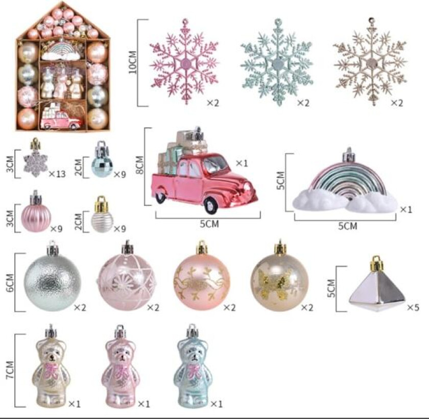 64 stk Julekuler 3-10cm Rød Hvit, Hengende Dekorasjon for