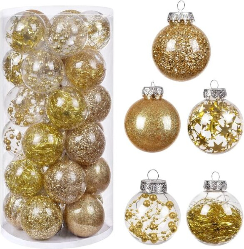 30 stk julekuledekorasjoner, 5 stiler julekule i gull, uknuselige ornamenter