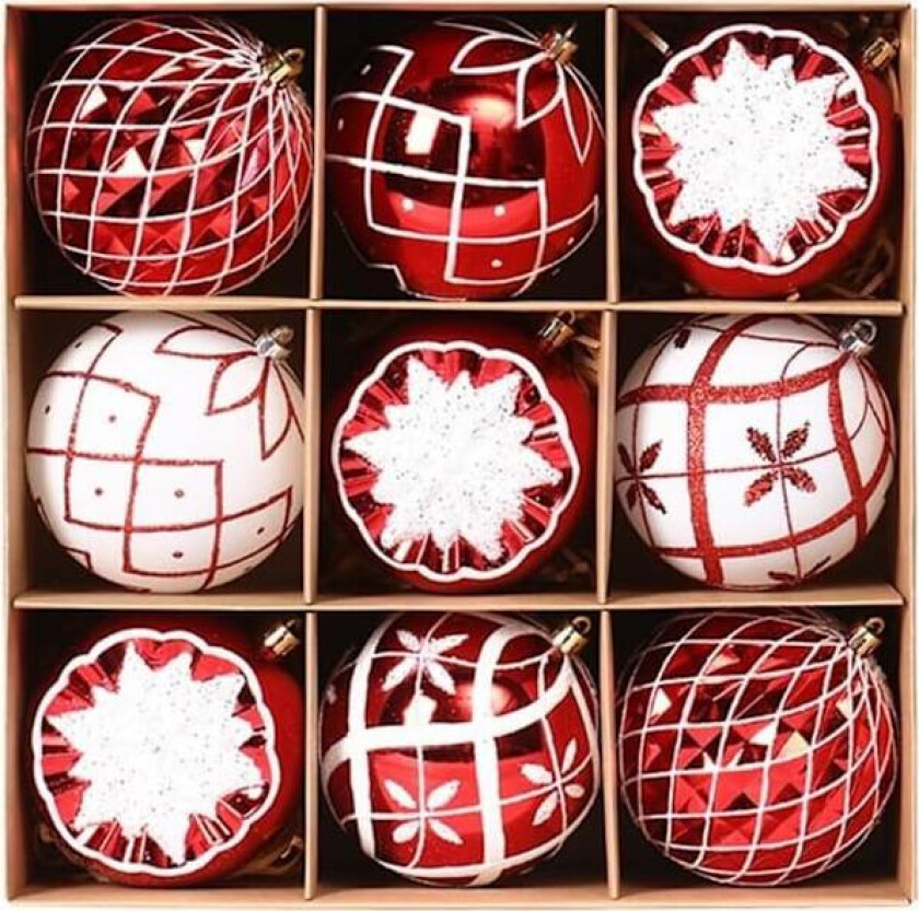 (Rød og Hvit) Sett med 9 knusefrie julekuler for å henge på juletreet, kranser, kranser - 10 cm