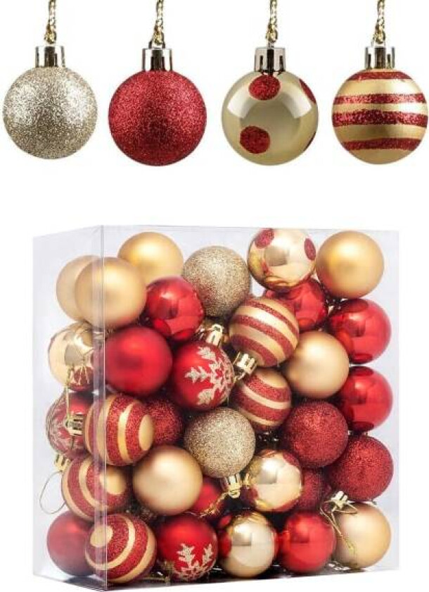 En eske med røde og gull julekuler