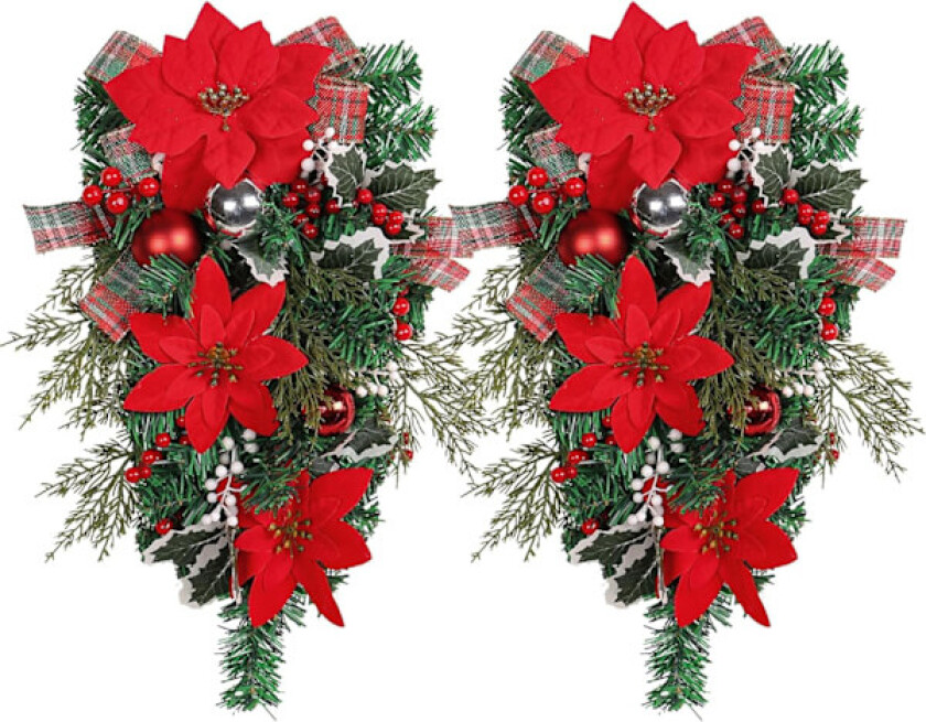 Kunstig Juletre-Dråpekrans, Hengende Julekrans med Røde Juleblomster, Vinterfuru Nåler (2 stk)