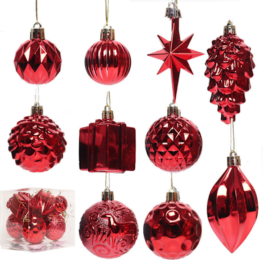 Julepynt, 12 stk. Julekuler, Juletrepynt, Vindupynt, Festpynt Rot