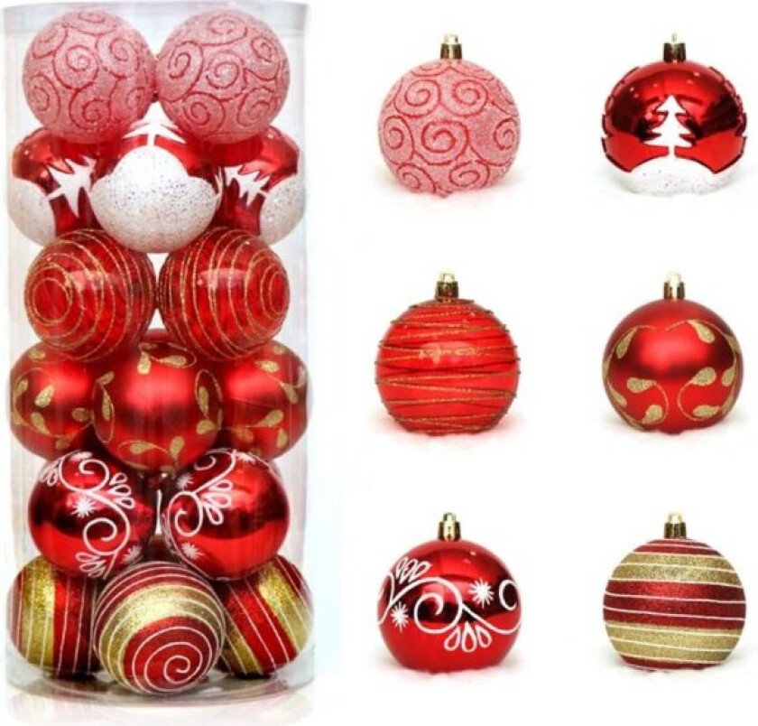 24 stk (røde) 6 cm/2,36” julekulepynt i plast som ikke knuser