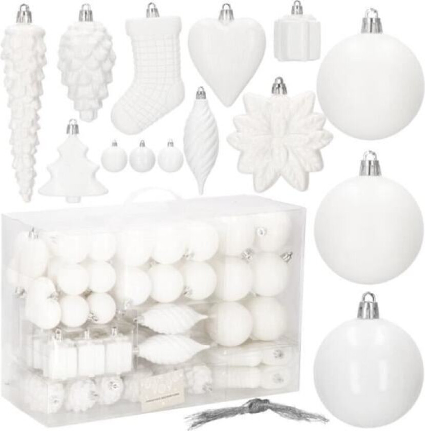 REMAKE SPRINGOS® 72 stk. Julekuler Trepynt, Ornamenter, Kjegler, Godteri, Gaver, Stjerner, Trær - Hvit Hvit