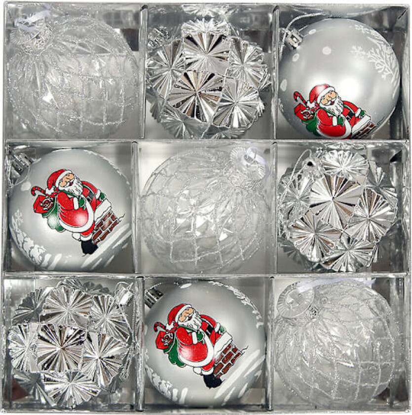 Set med 9 julekuler, 8 cm, i eske, malte dekorative kuler, julepynt og anheng grau