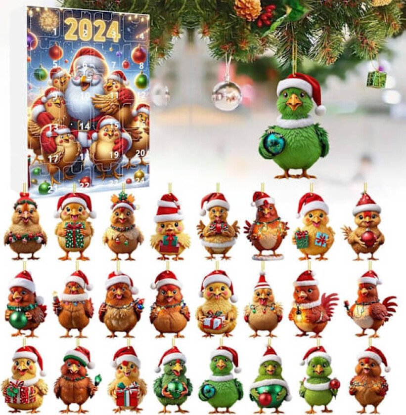 Julekalender for advent, 24 dager nedtelling til jul, kyllinganheng med nisseluer, 2D juletrekyllingpynt style 2