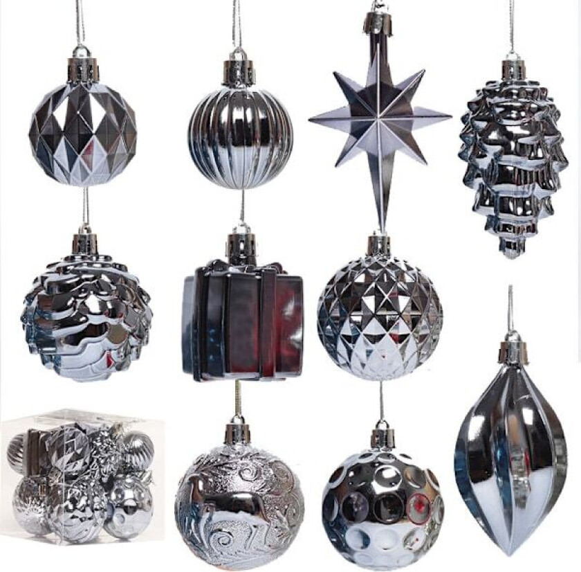 Julepynt, 12 stk. Julekuler, Juletrepynt, Vindupynt, Festpynt grau