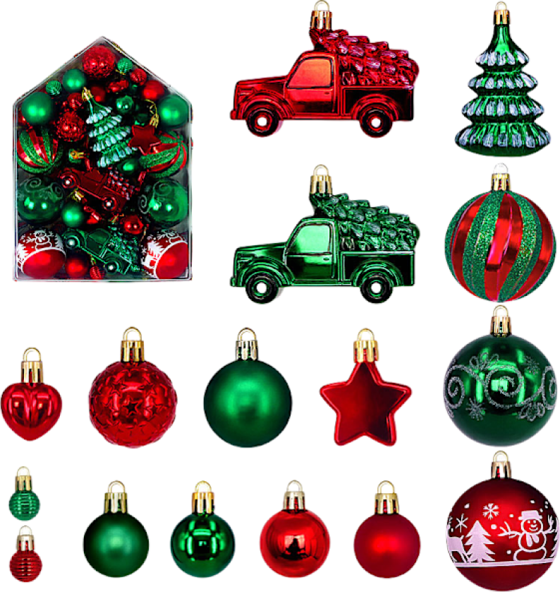 Julekulesett med 72 stykker julekuler, juletrepynt og festlig dekorasjon Grün