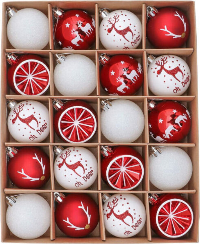 20 stk 6 cm julekuler, hvite, sølv og gull, håndtegnet E