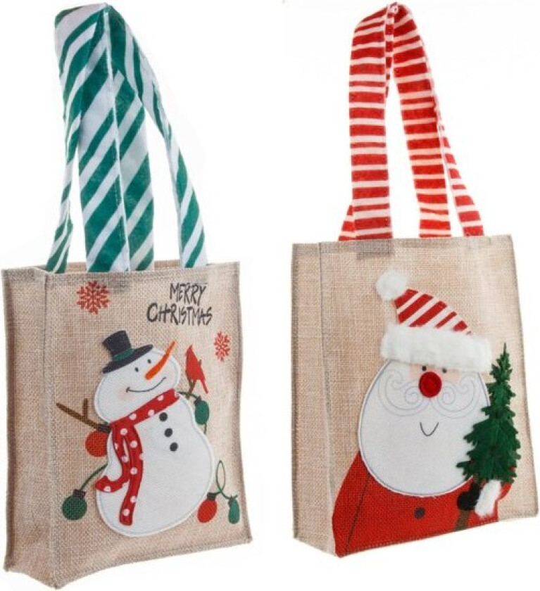 Juleburlap gavepose, gjenbrukbar gavepose med stor kapasitet, burlap tegneserie julenissen snømann