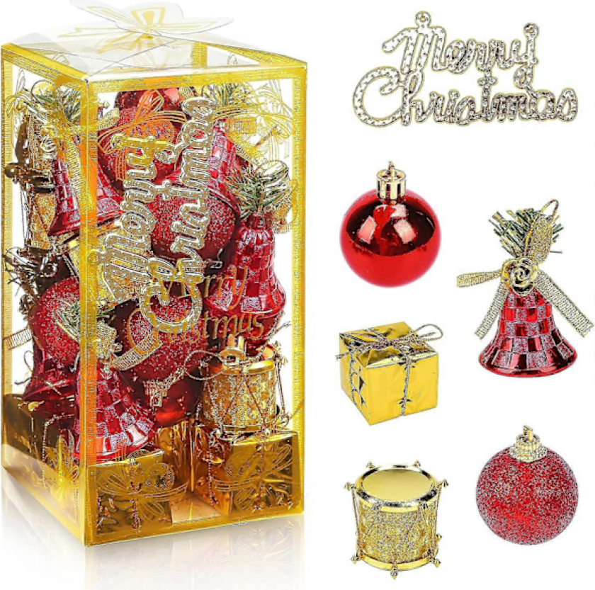 Røde Julekulepyntsett, 32 stk Mini Julekuler i Rød og Gull til Pynt på Juletreet