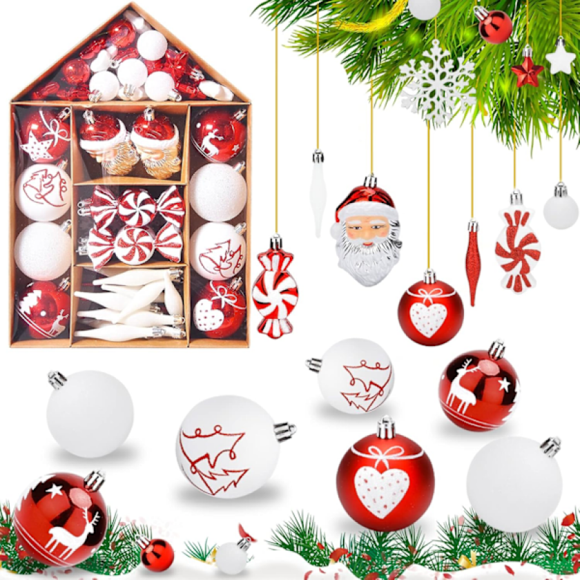 Frasheng 70-stykker Julekuler, Gjenbrukbare Røde & Hvite Trepynt for Høytids-DIY