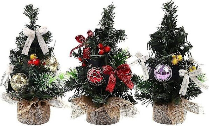 3 stk små kunstige juletre med frost, juletrestativ, mini juletre