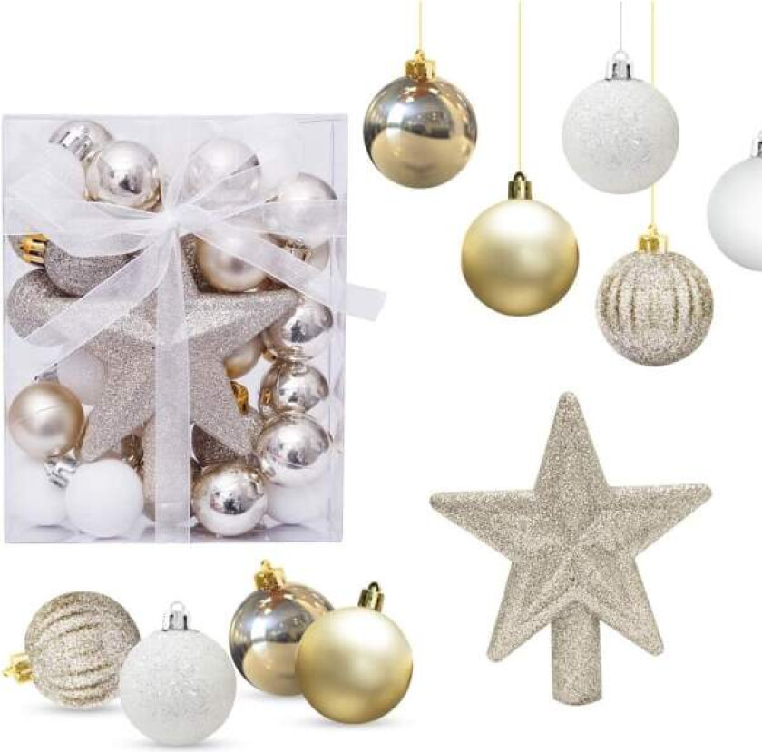 Julekuler, 30-pakning, juletrepynt, små kuler, kuler dekorert med glitter