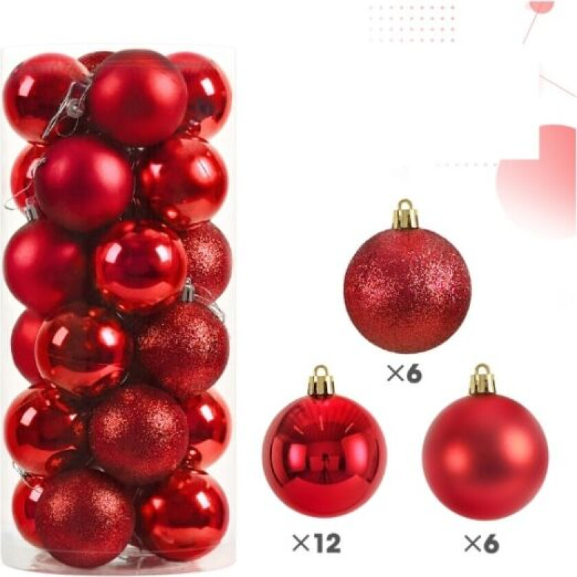 Røde julekuler i plast, 4 cm, 24 julekuler til juletreet