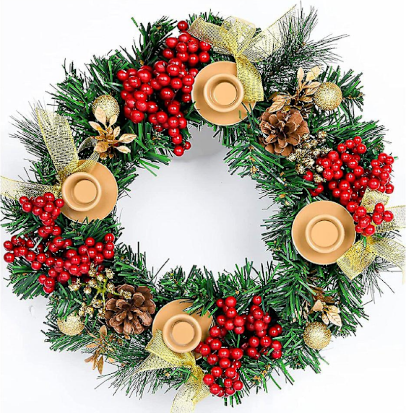Julekrans 30 cm med Lysestaker, Kunstig Julekrans med Bånd og Bær
