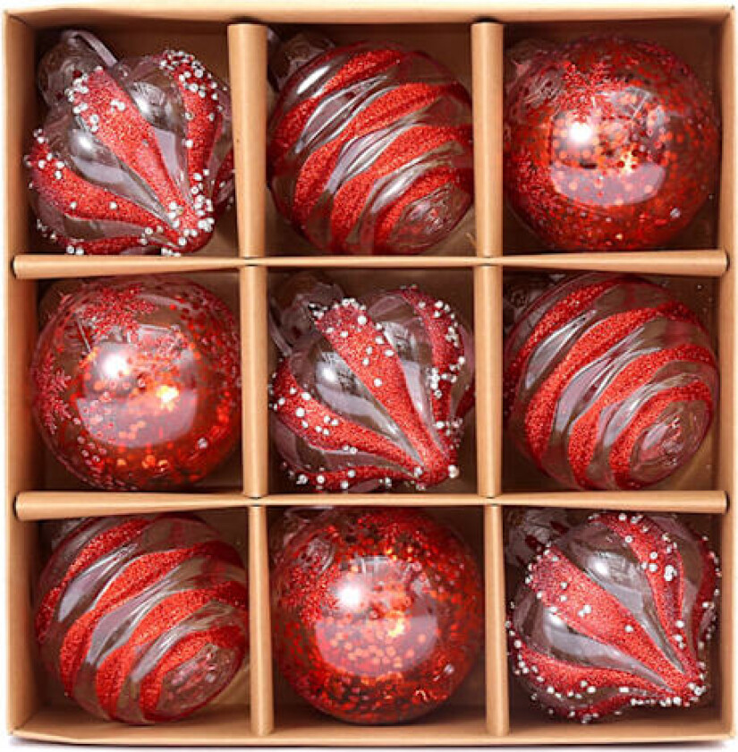 Sett med 9 julekuler, klare glitterhengende dekorasjoner, knusefrie kuler for julepynt hjemme (én størrelse) red