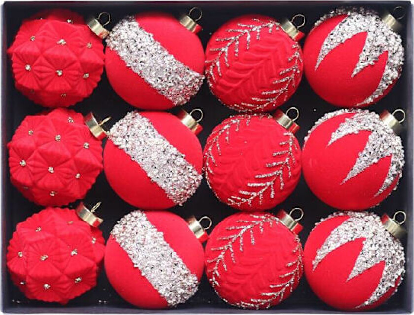 12 stk. Julekuler, 8 cm, Julekule-sett, Juletrepynt Rot