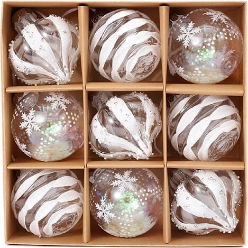 Sett med 9 julekuler, klare glitterhengende dekorasjoner, knusefrie kuler for julepynt hjemme (én størrelse) milky