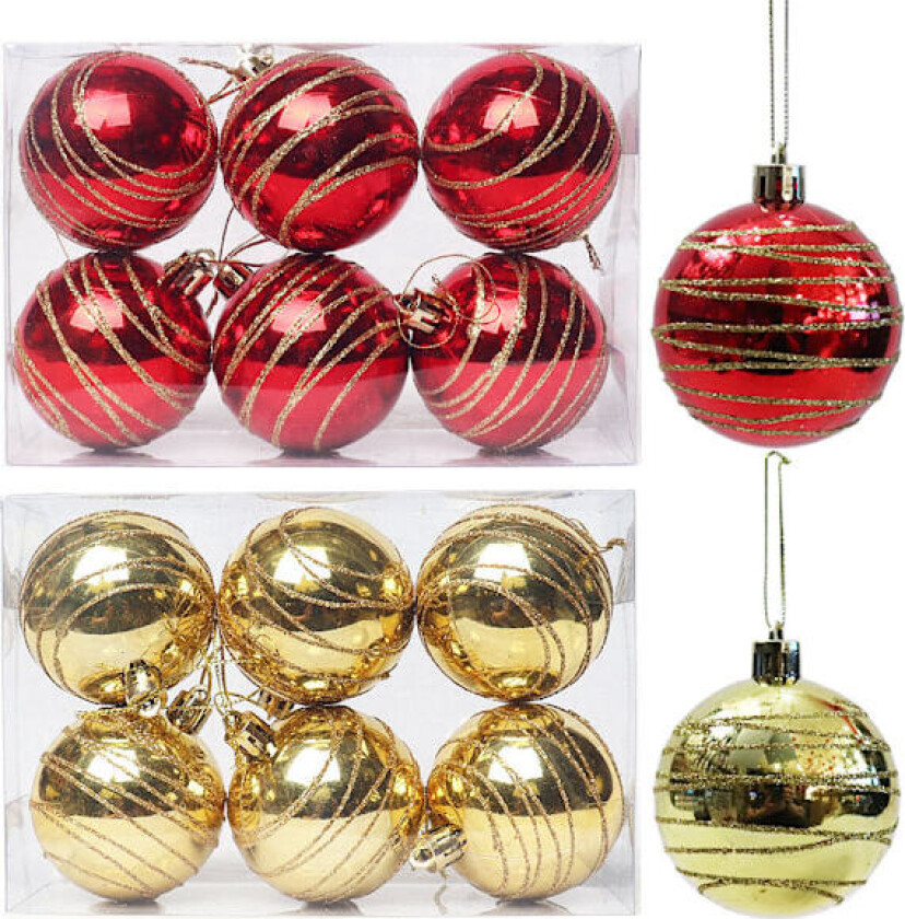 Håndmalte julekuler, 6 cm, gull og rød juletrær, 12 stk