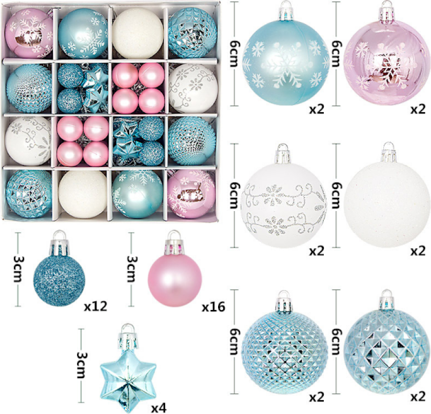 Nye julekuler 44 stk malt spesialformet pappeske 3-6 cm sett julepynt forgylt kule anheng B