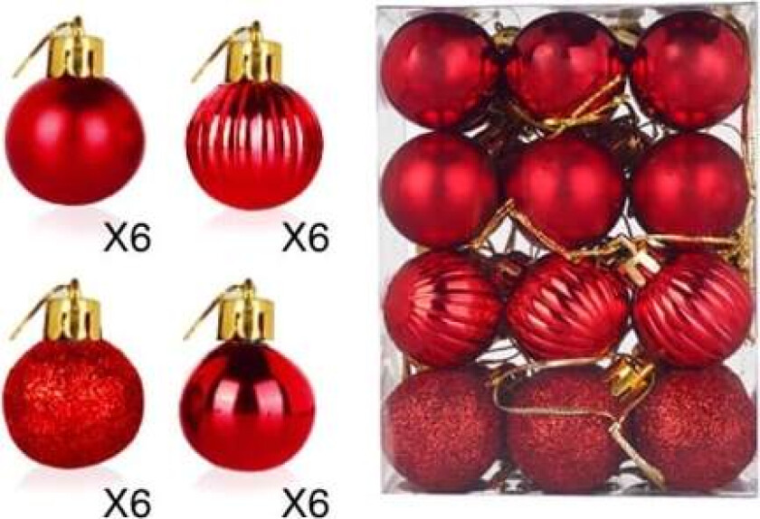 Røde julekuler, 24 stk Ø 3CM juletrepynt, plast ornamentkuler, med henging