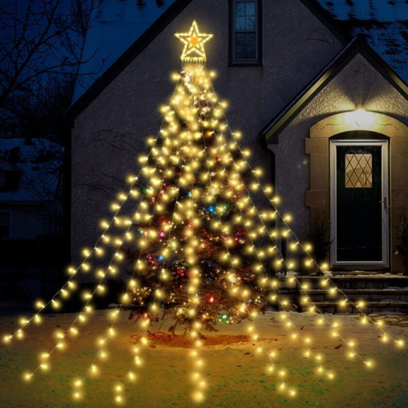 Julelys utendørsdekorasjoner LED juletrelys, 9 tråder med toppstjerne (varm hvit)