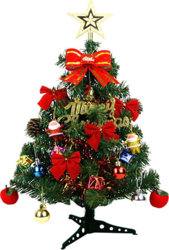 Kunstig juletre lite juletre med dekorasjon og base ornamenter for vinterferier (60cm)