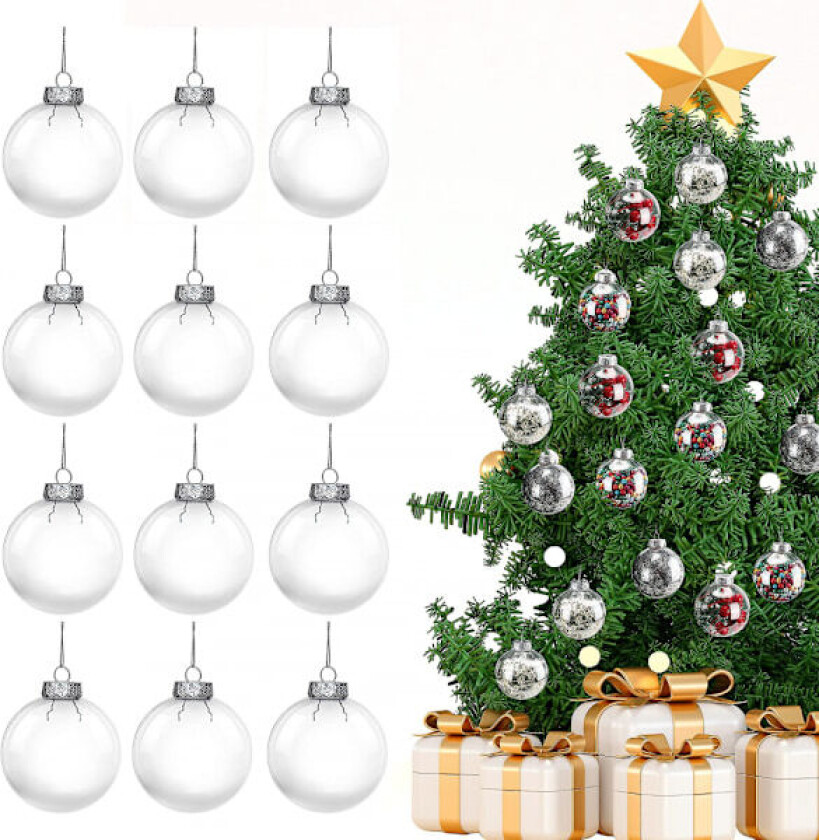 12-pakning julekule - gjennomsiktig rund gjennomsiktig plast julekuler julepynt, hengende kunst og DIY-håndverkstilbehør