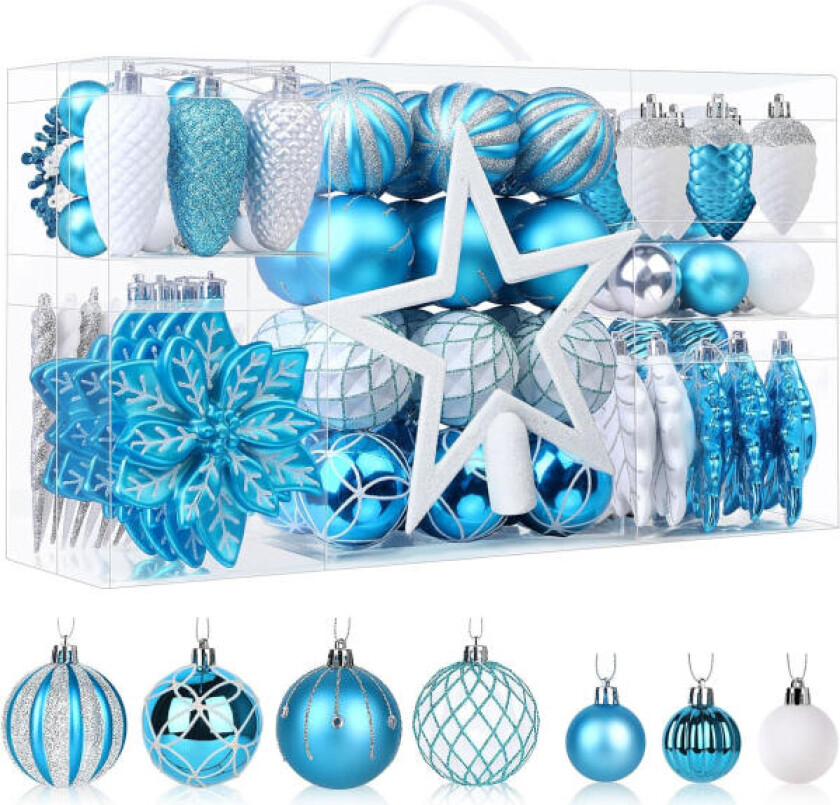 1 eske med 106 blå/sølv julekuler, knusesikker Holi