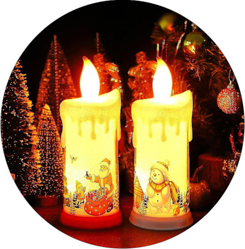 2 stk LED-lys uten flamme, batteridrevet LED-lys med julemotiv av julenissen og snømannen, juletelys, LED-telys uten flamme
