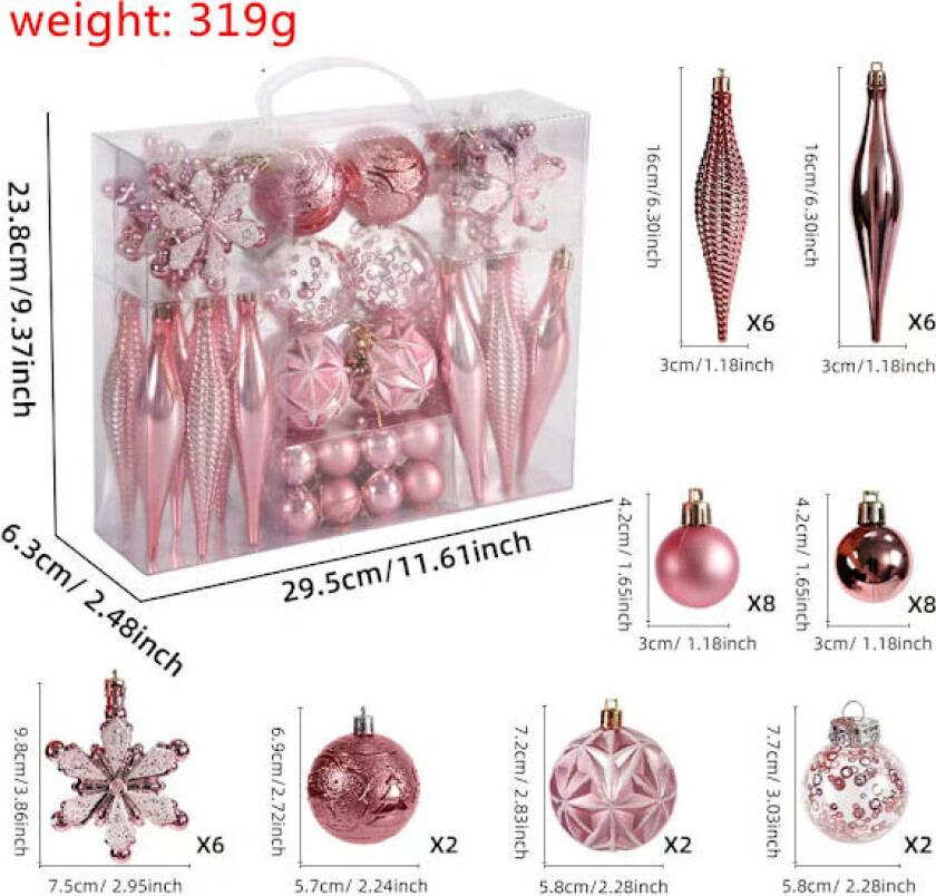 40 Karat Julekulesett - Assortert Ugjennomsiktig Hengende Juletrepyntsett for Juletre, Fest og Hjemmedekor (Rosa)