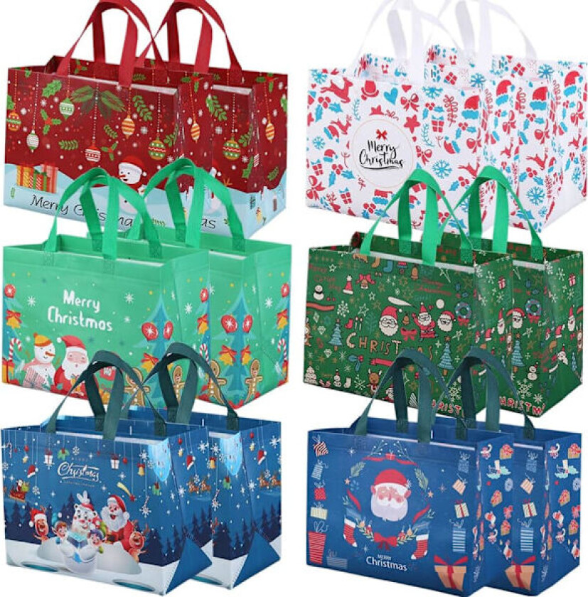 12-pakke gjenbrukbare julegaveposer, totebag med håndtak, gavepose, handlepose for juleferiefest