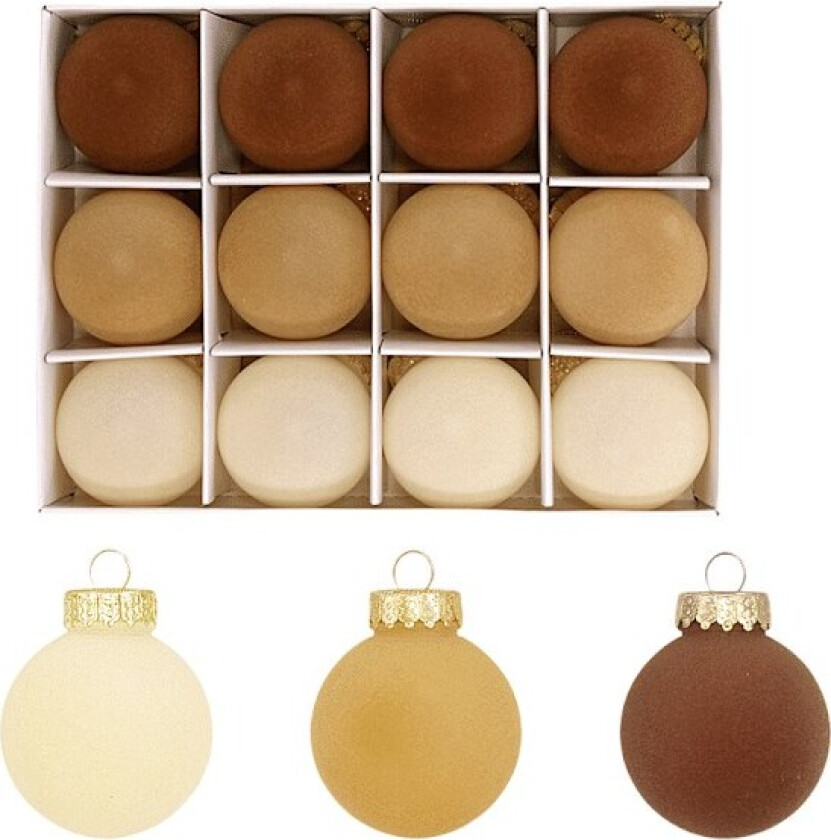 Set med 12 julekuler, 6 cm, i en boks, juletrepynt, for feiringer og fester Braungelb