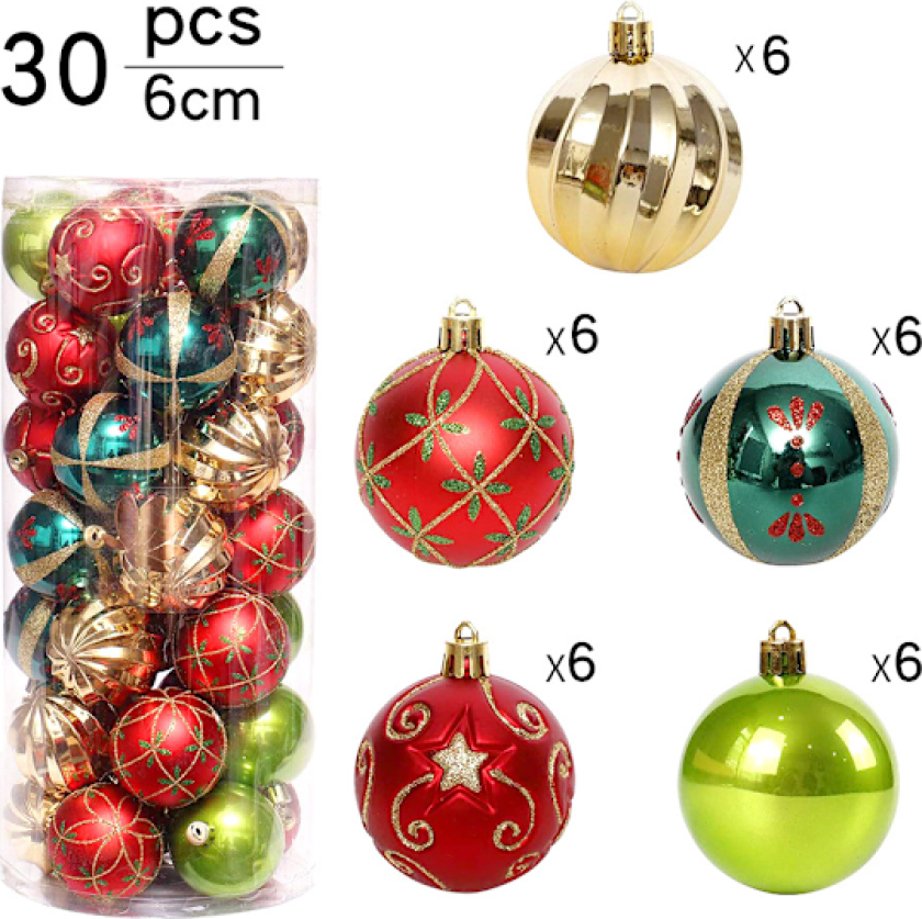 30 stk Røde Julekuler til Juletreet, Juletrepynt, Glitter, Matt, Blankt, Blankt, Jul