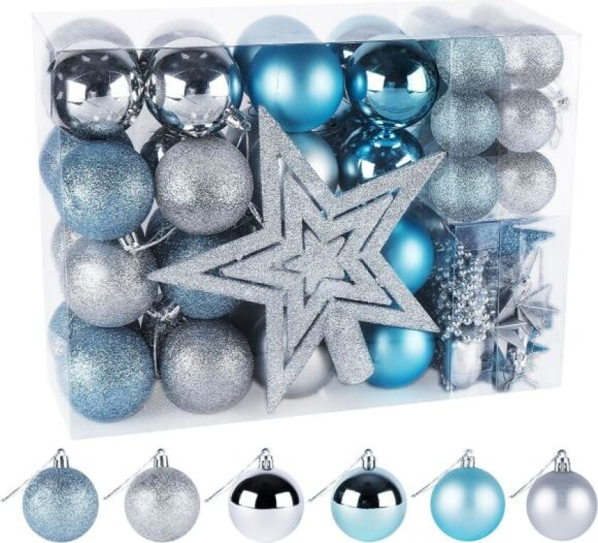 1 eske med 70 uknuselige glitter julekuler, personlig oppheng