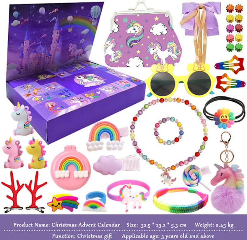 Julekalender med sjarm for 2024 - 24 dagers nedtelling, julegave til jenter, halskjede, armbånd, enhjørning style 6